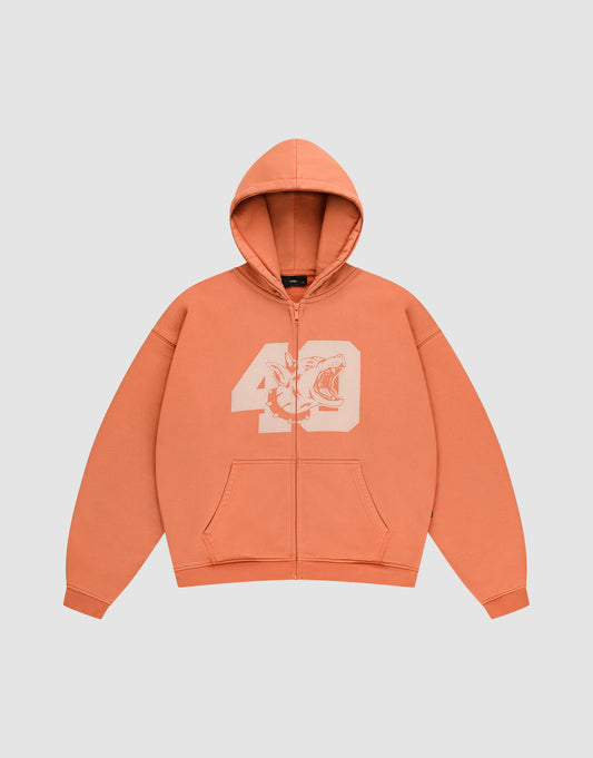 The LFDY 40 Hooded Zip by LIVE FAST DIE YOUNG is an orange oversized zip-up hoodie with front pockets and a bold white bleich-print: number 49 intertwined with a striking tiger face on the chest. | plain