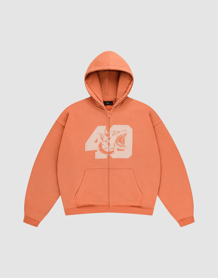 The LFDY 40 Hooded Zip by LIVE FAST DIE YOUNG is an orange oversized zip-up hoodie with front pockets and a bold white bleich-print: number 49 intertwined with a striking tiger face on the chest. | plain