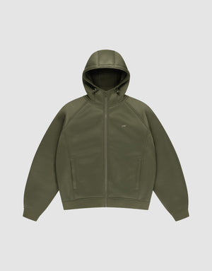 The LFDY Scuba Hooded Zip by LIVE FAST DIE YOUNG is an olive green regular fit hoodie featuring a hood with drawstrings, front pockets, a small “LIVF” logo on the left chest, made from soft polyester and shown on a light gray background. | plain