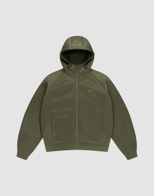 The LFDY Scuba Hooded Zip by LIVE FAST DIE YOUNG is an olive green regular fit hoodie featuring a hood with drawstrings, front pockets, a small “LIVF” logo on the left chest, made from soft polyester and shown on a light gray background. | plain