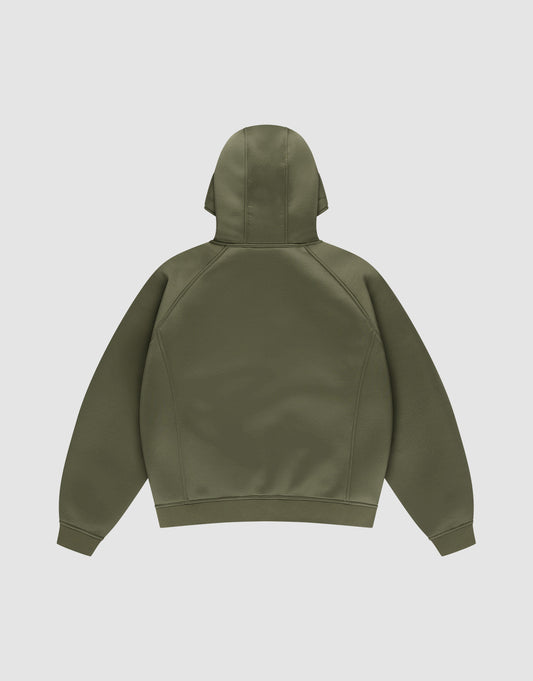 The LFDY Scuba Hooded Zip by LIVE FAST DIE YOUNG in olive green is shown from the back with long sleeves, a relaxed fit, no visible front logo or designs, made from soft polyester, set against a plain white background.