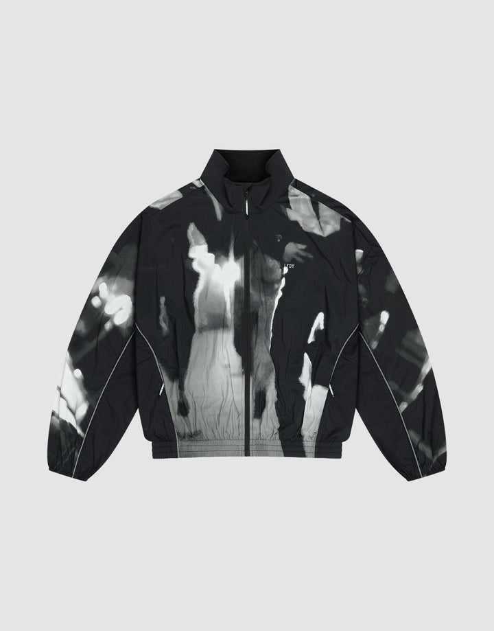 The LFDY Performance Jacket by LIVE FAST DIE YOUNG features a black and white zip-up nylon design with a high collar and abstract tie-dye-style allover print on a gray background. | plain
