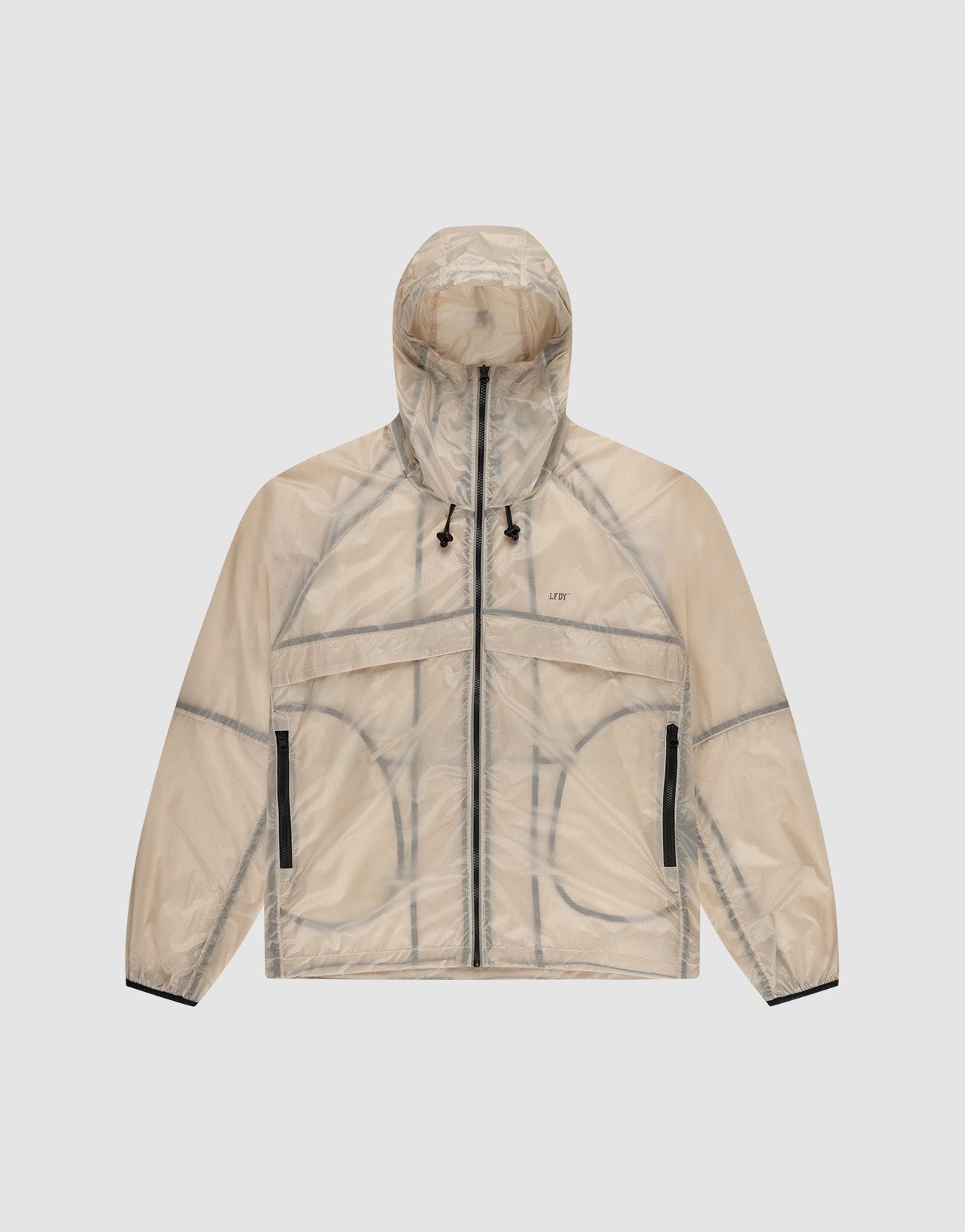 The Live Fast Nylon Jacket by LIVE FAST DIE YOUNG features translucent beige nylon, a transparent outer layer, black zipper details, black hood drawstrings, and visible seam lines, shown on a plain light gray background. | plain
