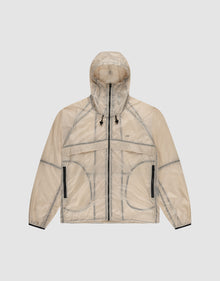 The Live Fast Nylon Jacket by LIVE FAST DIE YOUNG features translucent beige nylon, a transparent outer layer, black zipper details, black hood drawstrings, and visible seam lines, shown on a plain light gray background. | plain