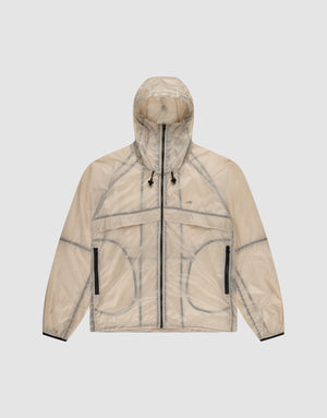 The Live Fast Nylon Jacket by LIVE FAST DIE YOUNG features translucent beige nylon, a transparent outer layer, black zipper details, black hood drawstrings, and visible seam lines, shown on a plain light gray background. | plain