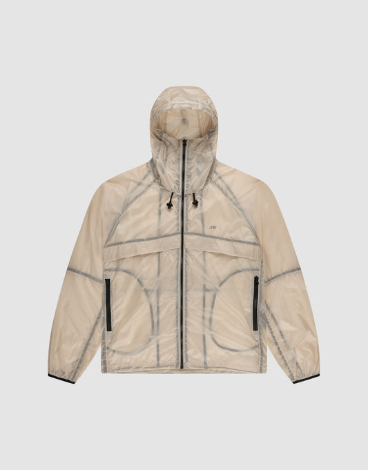 The Live Fast Nylon Jacket by LIVE FAST DIE YOUNG features translucent beige nylon, a transparent outer layer, black zipper details, black hood drawstrings, and visible seam lines, shown on a plain light gray background. | plain