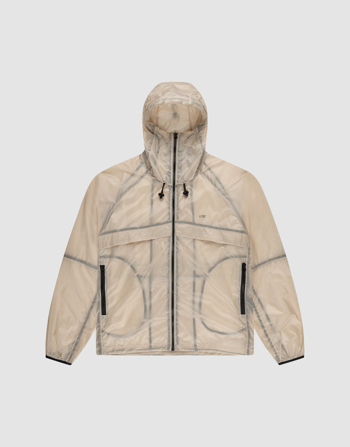 The Live Fast Nylon Jacket by LIVE FAST DIE YOUNG features translucent beige nylon, a transparent outer layer, black zipper details, black hood drawstrings, and visible seam lines, shown on a plain light gray background. | plain
