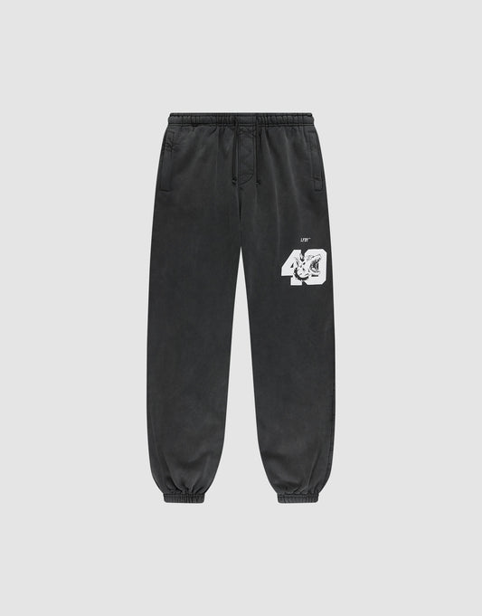 The LFDY 40 Wide Cuff Jogger by LIVE FAST DIE YOUNG features an oversized fit, elastic cuffs and waistband, white “40” graphic with small text near the left pocket, zip side pockets, and is made from cotton. Shown on a plain light gray background. | plain