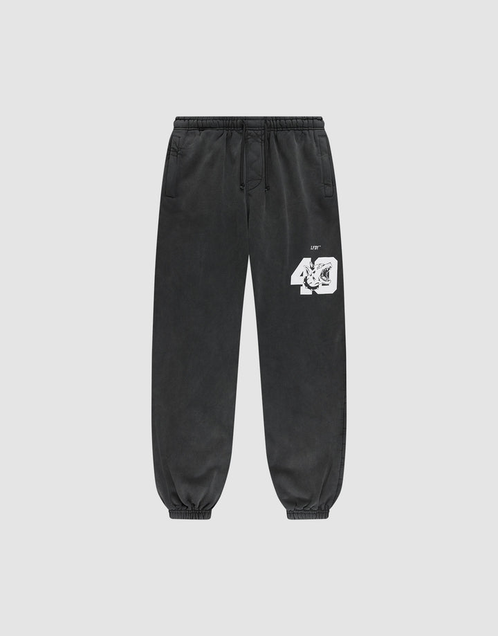 The LFDY 40 Wide Cuff Jogger by LIVE FAST DIE YOUNG features an oversized fit, elastic cuffs and waistband, white “40” graphic with small text near the left pocket, zip side pockets, and is made from cotton. Shown on a plain light gray background. | plain