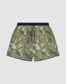 The LFDY Performance Running Shorts by LIVE FAST DIE YOUNG feature a green and beige camo pattern, integrated tights, black drawstring waistband, side panels, and a practical phone pocket, shown against a plain white background. | plain