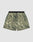 The LFDY Performance Running Shorts by LIVE FAST DIE YOUNG feature a green and beige camo pattern, integrated tights, black drawstring waistband, side panels, and a practical phone pocket, shown against a plain white background.