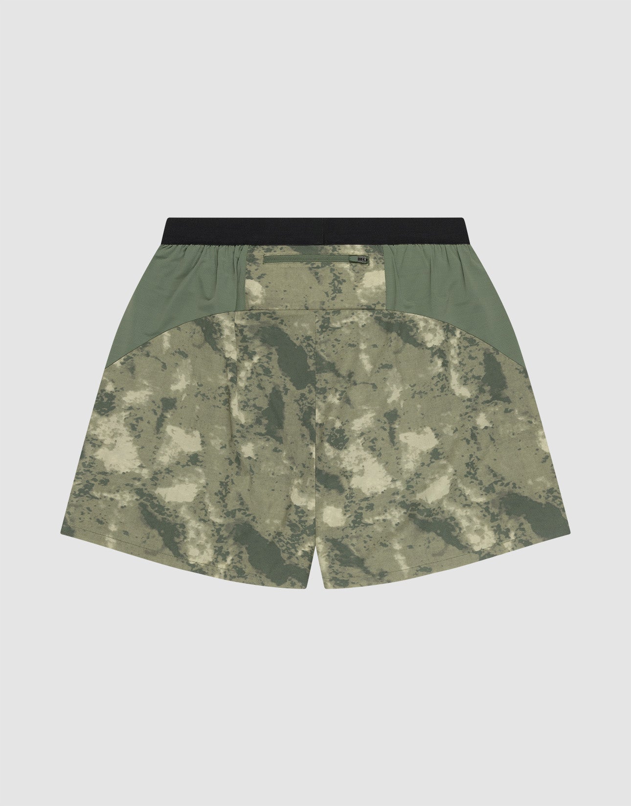 Back view of LFDY Performance Running Shorts by LIVE FAST DIE YOUNG, featuring green and beige digital camo, olive side panels, black elastic waistband, and a rear pocket with an integrated Handytasche.