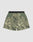 Back view of LFDY Performance Running Shorts by LIVE FAST DIE YOUNG, featuring green and beige digital camo, olive side panels, black elastic waistband, and a rear pocket with an integrated Handytasche.