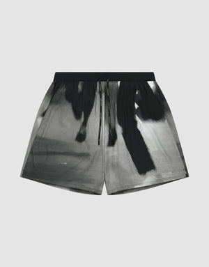 LFDY Performance Shorts by LIVE FAST DIE YOUNG feature a black and white abstract pattern, black elastic waistband, and subtle LFDY branding, shown on a plain light gray background. | plain