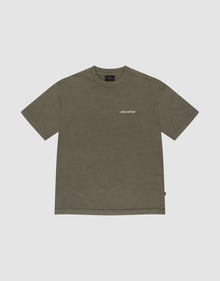 The Basic +49 Chest Tee by LIVE FAST DIE YOUNG is an olive green oversized t-shirt with a crew neck and small white "+49" logo on the left chest, made from 100% cotton and displayed flat on a light gray background. | plain