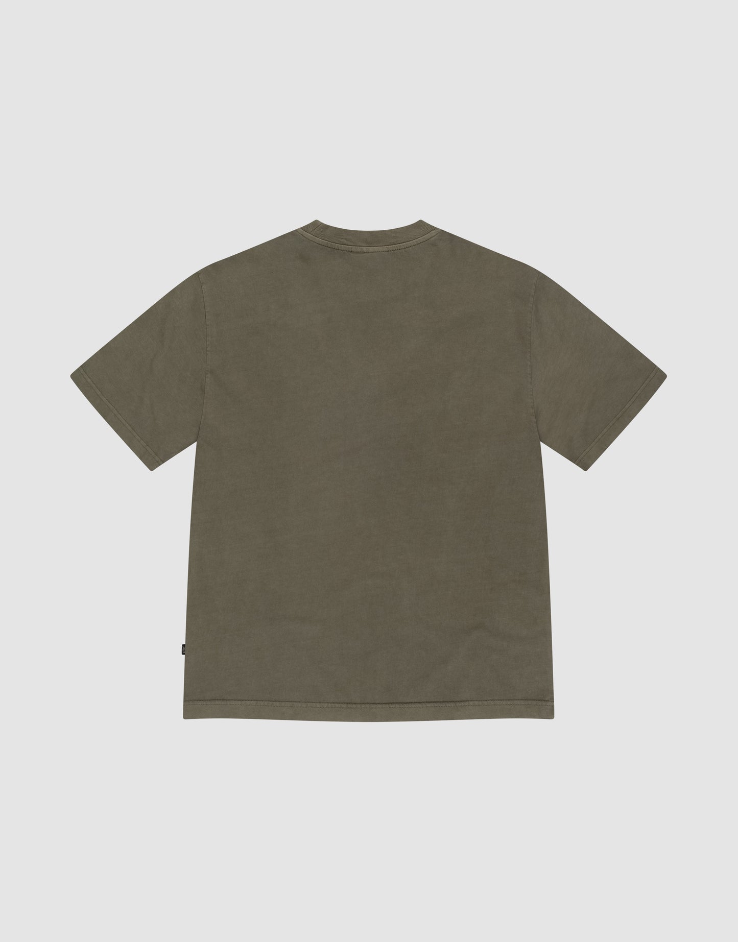 The LIVE FAST DIE YOUNG Basic +49 Chest Tee, an oversized plain olive green short-sleeve shirt, is shown laid flat from the back on a light gray background.