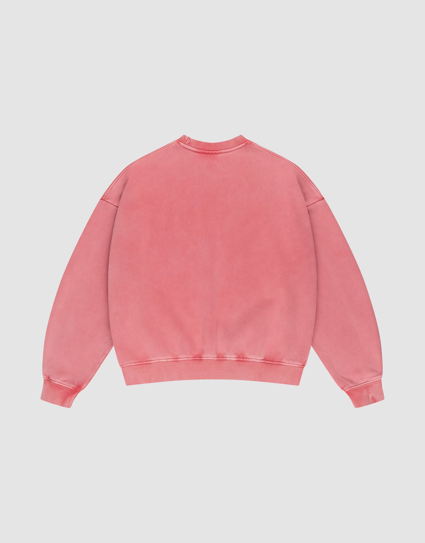 The LIVE FAST DIE YOUNG Basic LiveFast Sweater is shown from the back in faded pink with a handmade fade effect, crew neckline, ribbed cuffs, and a ribbed waistband against a light gray background.