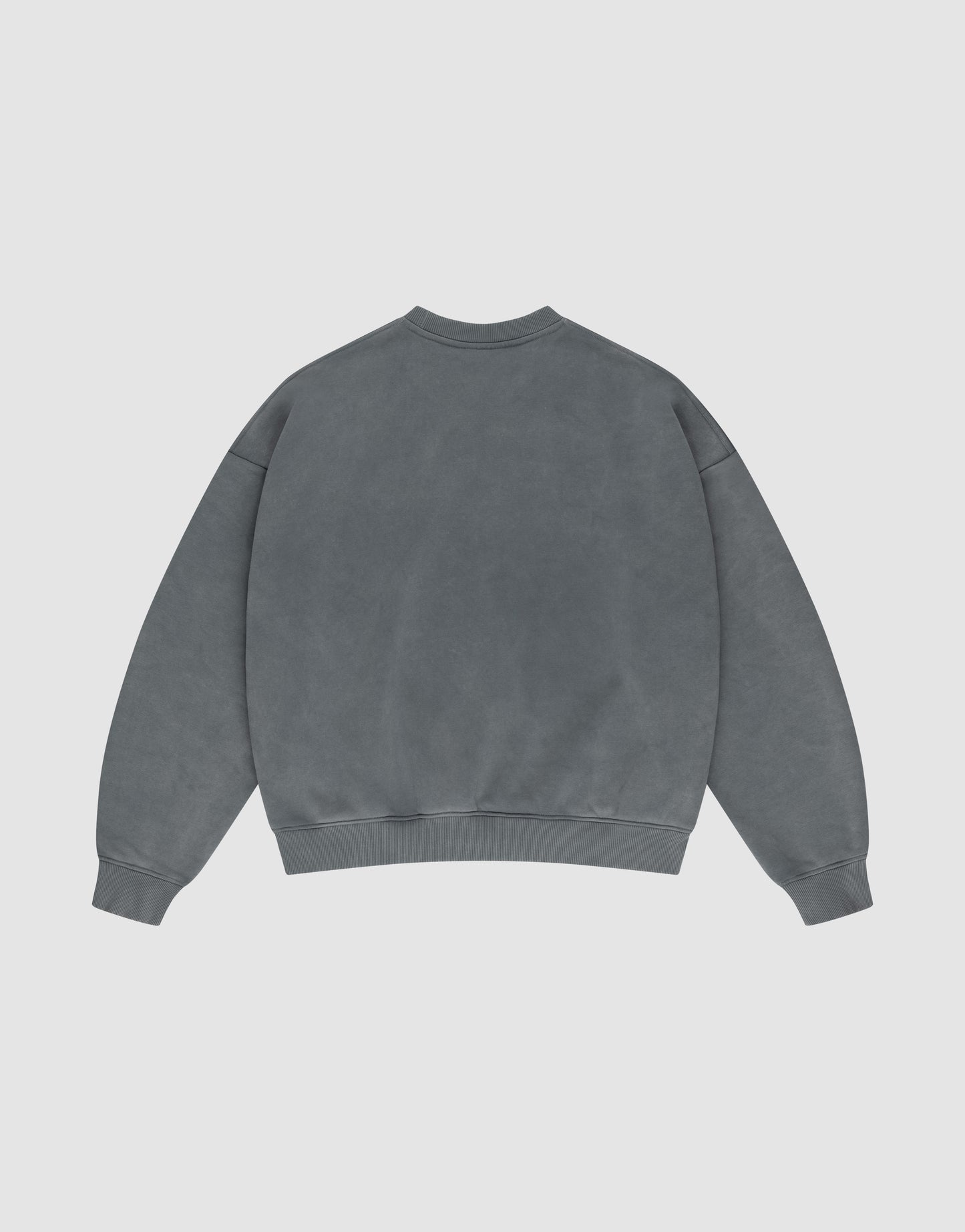 The Basic Chest Sweater by LIVE FAST DIE YOUNG is a plain, oversized gray sweatshirt made from soft Baumwolle, shown from the back on a flat surface. It features long sleeves, ribbed cuffs and waistband, and has no visible designs or logos.