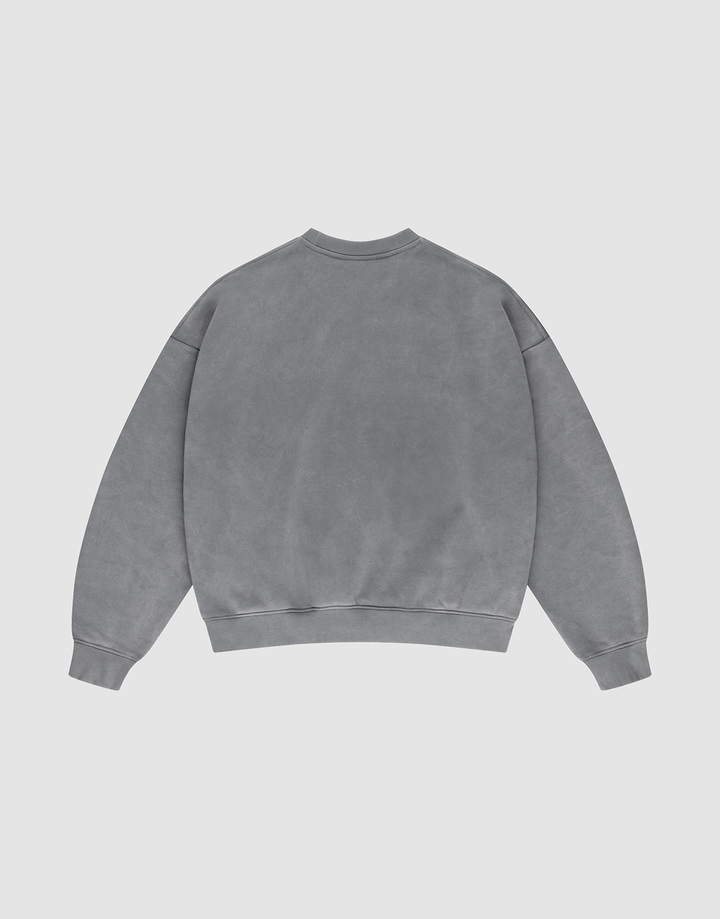 The LIVE FAST DIE YOUNG Basic Chest Sweater, an oversized gray crewneck in Oversize Fit made from cotton, is laid flat on a light gray background, displaying its back with long sleeves, ribbed cuffs, and waistband.