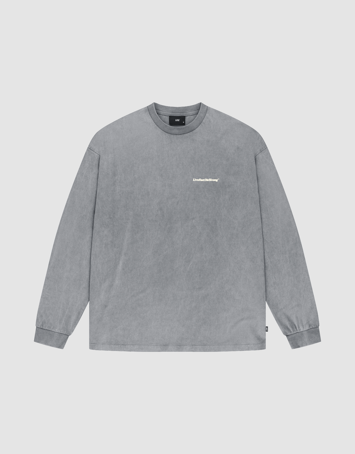 The Basic Longsleeve by LIVE FAST DIE YOUNG is a gray, oversize fit crewneck with long sleeves, ribbed cuffs, a washed texture, and small white logo on the chest. Made from 100% Baumwolle and shown on a plain light background. | plain