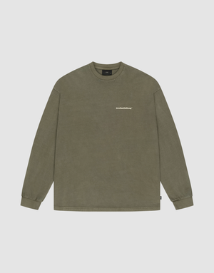 The LIVE FAST DIE YOUNG Basic Longsleeve is an olive-green crewneck with long sleeves, a small white logo on the left chest, made from 100% Baumwolle, shown on a simple light background. | plain
