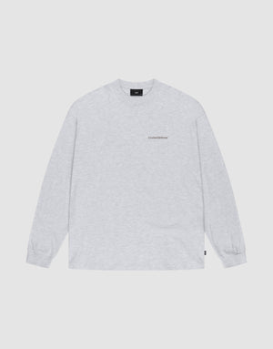 The LIVE FAST DIE YOUNG Basic Longsleeve is an oversized, light gray crewneck shirt with long sleeves and a small logo print on the left chest, shown laid flat on a white background. | plain