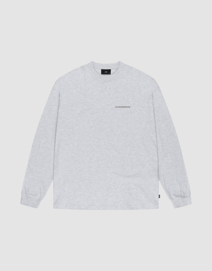 The LIVE FAST DIE YOUNG Basic Longsleeve is an oversized, light gray crewneck shirt with long sleeves and a small logo print on the left chest, shown laid flat on a white background. | plain