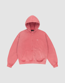 The LIVE FAST DIE YOUNG Basic Hooded Zip is a coral pink oversized zip-up hoodie with front pockets, a hood, and small white UPT text on the left chest, displayed on a plain white background. | plain