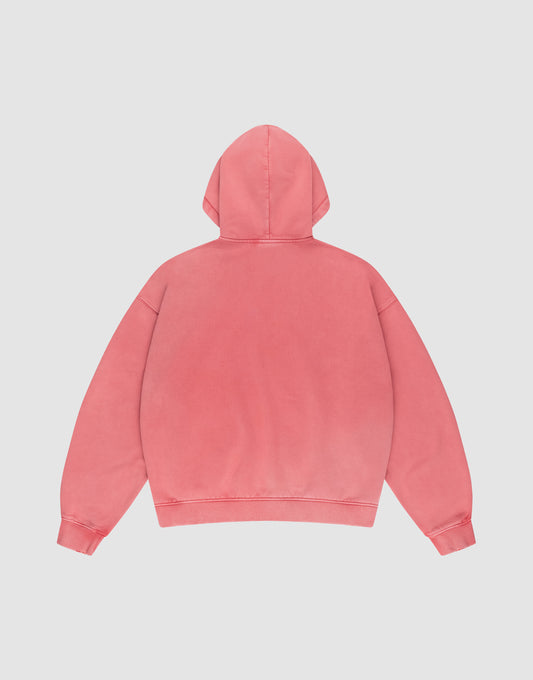 A pink Basic Hooded Zip from LIVE FAST DIE YOUNG is laid flat, back facing up, on a white background. It has an oversize fit, long sleeves, and features no visible designs or logos.