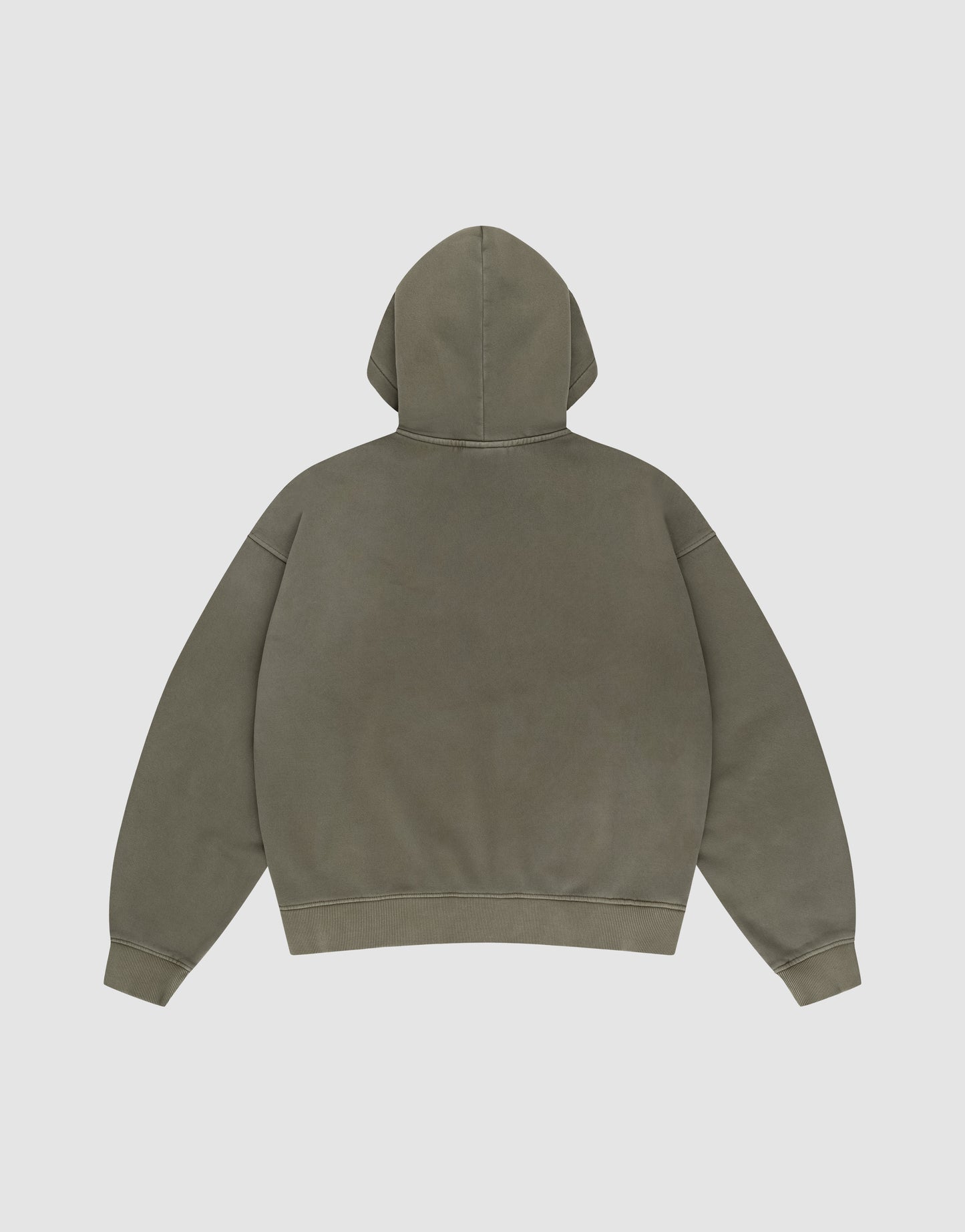 The LIVE FAST DIE YOUNG Basic +49 Hooded is an olive green, oversized hoodie with long sleeves and a subtle faded look. Laid flat with the back up on a white background, it features no visible designs or logos.