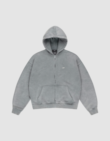 The LIVE FAST DIE YOUNG Basic Hooded Zip is a plain, light gray zip-up hoodie with a hood, front pockets, and a small white LIFT logo on the left chest, shown on a white background. | plain