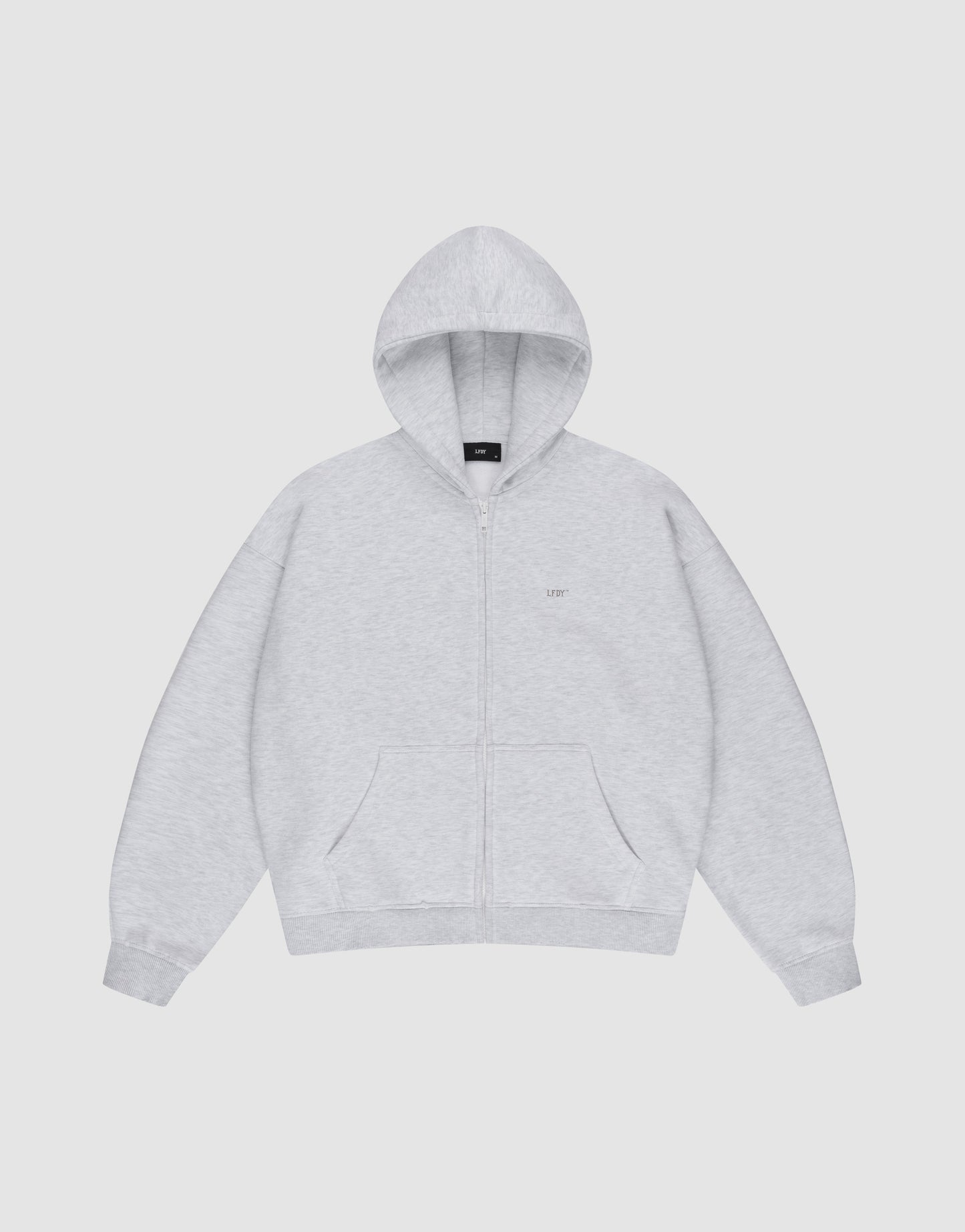 The LIVE FAST DIE YOUNG Basic Hooded Zip is a light gray zip-up hoodie with a front zipper, two large front pockets, and a drawstring hood, shown flat on a white background.