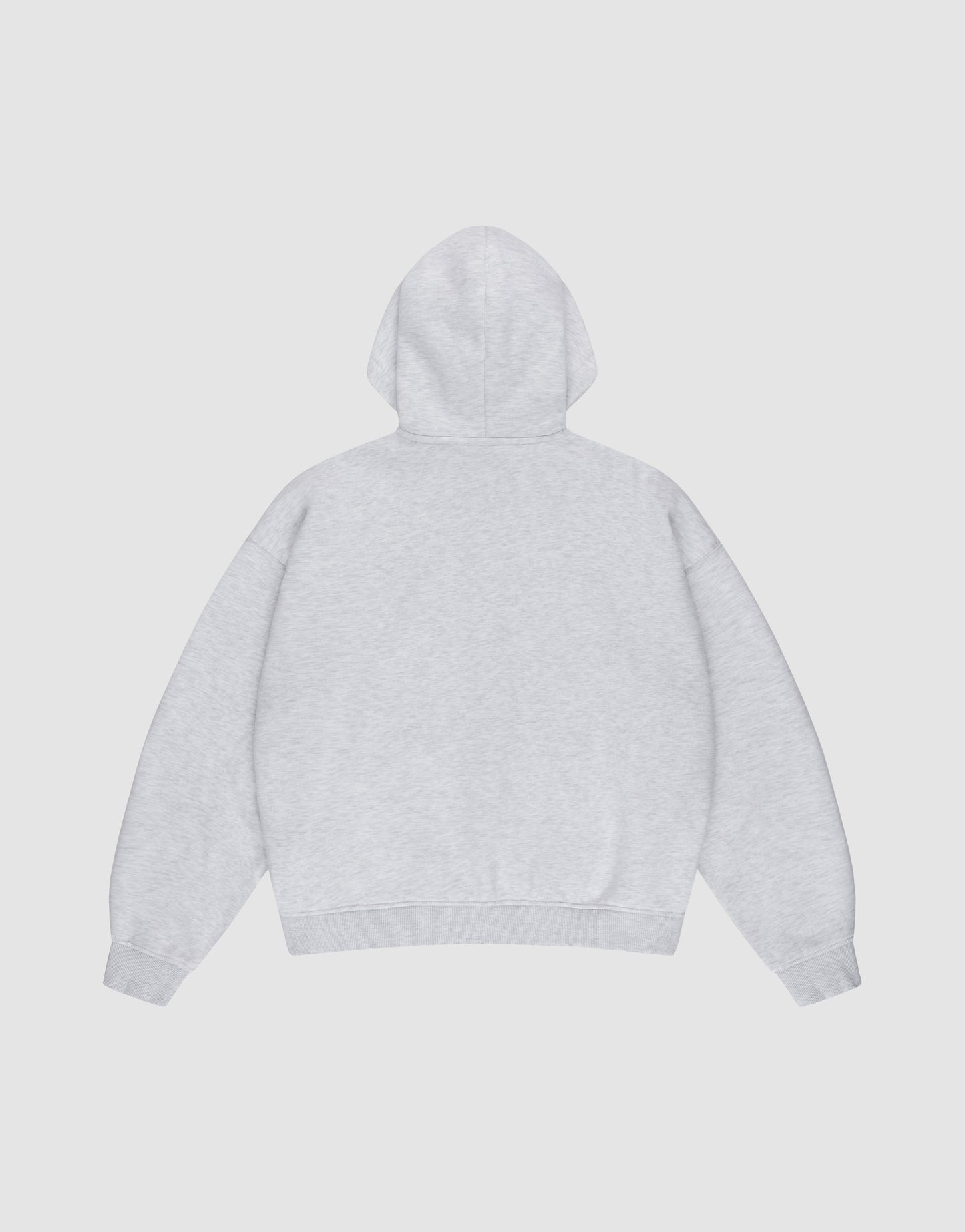 The LIVE FAST DIE YOUNG Basic Hooded Zip is a plain light gray hoodie laid flat, back up, on a white background. It features long sleeves, ribbed cuffs and hem, and an oversize fit for extra comfort.