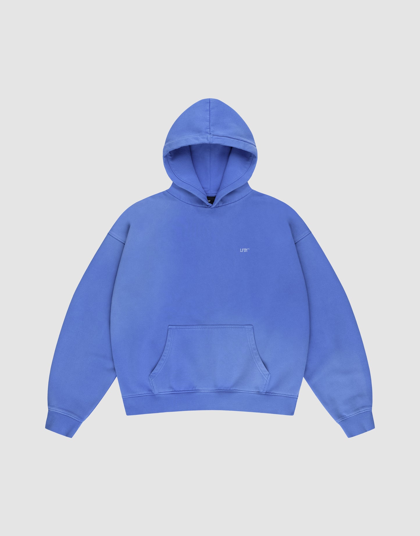 The Basic Evidence Hooded by LIVE FAST DIE YOUNG is a plain blue oversize hoodie with a front pocket and small white chest text, shown on a white background.
