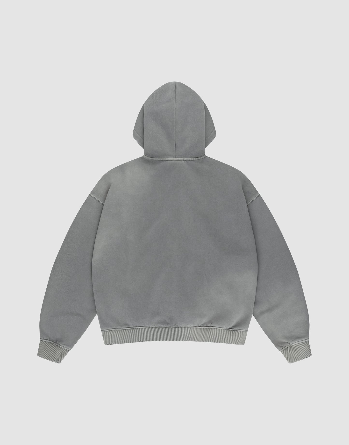 The LIVE FAST DIE YOUNG Basic Hooded Zip in plain gray, shown flat against a light gray background, features an oversize fit, long sleeves, ribbed cuffs and waistband, and displays the back side.