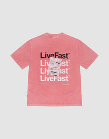 The Basic Evidence Tee by LIVE FAST DIE YOUNG is a pink oversized short-sleeve shirt featuring LiveFast™ white and black front and back prints, a grayscale graphic, small white text, and is made from 100% Baumwolle for comfort. | plain