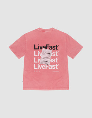 The Basic Evidence Tee by LIVE FAST DIE YOUNG is a pink oversized short-sleeve shirt featuring LiveFast™ white and black front and back prints, a grayscale graphic, small white text, and is made from 100% Baumwolle for comfort. | plain