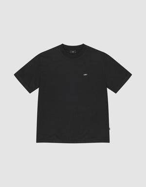 The Basic Chest Tee by LIVE FAST DIE YOUNG is a plain black regular fit, short-sleeve t-shirt in 100% cotton, featuring a small white LIFT logo below the collar. The shirt is displayed flat on a light gray background. | plain