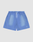 The LIVE FAST DIE YOUNG Basic Sweat Shorts are blue with a faded finish, elastic waistband, white drawstring, angled side pockets, and a small white logo on the lower left leg, shown against a light gray background.