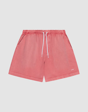 The LIVE FAST DIE YOUNG Basic Sweat Shorts in coral pink feature side pockets, a white drawstring waistband, and a subtle logo on the lower left leg, shown flat on a light background for a minimalist look. | plain