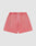 The LIVE FAST DIE YOUNG Basic Sweat Shorts in coral pink feature side pockets, a white drawstring waistband, and a subtle logo on the lower left leg, shown flat on a light background for a minimalist look.
