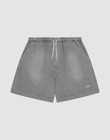 The LIVE FAST DIE YOUNG Basic Sweat Shorts feature a faded gray look, elastic waistband, side pockets, and a small logo print on the left leg, shown against a plain light background. | plain