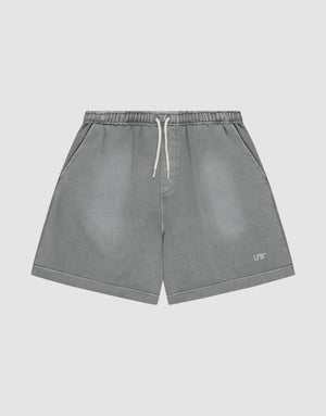 The LIVE FAST DIE YOUNG Basic Sweat Shorts feature a faded gray look, elastic waistband, side pockets, and a small logo print on the left leg, shown against a plain light background. | plain