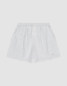 LIVE FAST DIE YOUNG Basic Sweat Shorts in light gray, featuring an elastic waistband, white drawstring, side pockets, and a small LIFTC logo print on the left leg, displayed flat on a plain white background. | plain