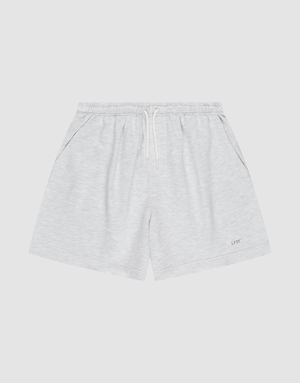 LIVE FAST DIE YOUNG Basic Sweat Shorts in light gray, featuring an elastic waistband, white drawstring, side pockets, and a small LIFTC logo print on the left leg, displayed flat on a plain white background. | plain