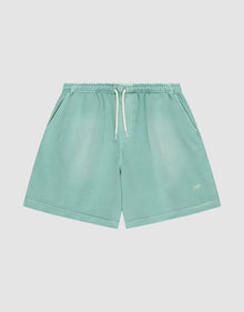 LIVE FAST DIE YOUNG Basic Sweat Shorts in light teal, featuring an elastic waistband, side pockets, and a white “LFT” logo on the bottom left leg, shown against a plain white background. | plain