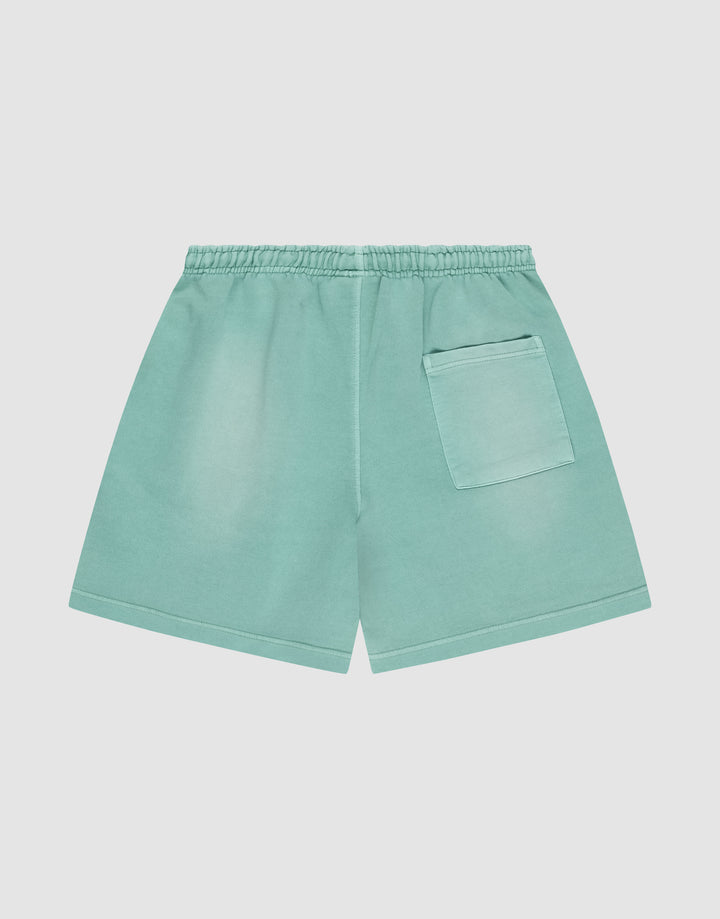 The LIVE FAST DIE YOUNG Basic Sweat Shorts in light teal feature an oversized fit, elastic waistband, and a single back right patch pocket, shown against a plain white background.