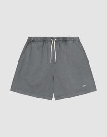 LIVE FAST DIE YOUNG Basic Sweat Shorts in gray with an elastic waistband, side pockets, and a small “LIFT” logo print on the lower left leg, shown against a plain light background. | plain