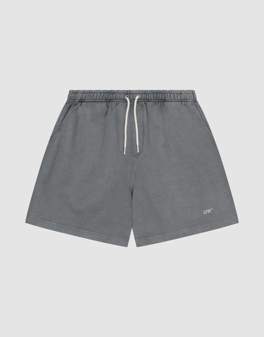 LIVE FAST DIE YOUNG Basic Sweat Shorts in gray with an elastic waistband, side pockets, and a small “LIFT” logo print on the lower left leg, shown against a plain light background. | plain