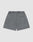 The LIVE FAST DIE YOUNG Basic Sweat Shorts in gray feature an elastic waistband, single back patch pocket, and oversized fit, shown flat on a light gray background.
